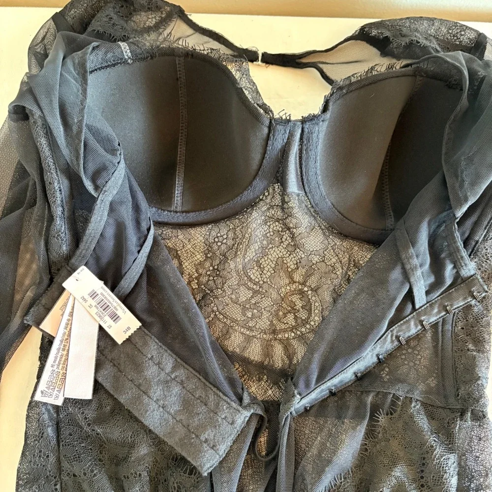 Victoria's Secret NEW Black Mesh & Lace Long Sleeve Corset Thong‎ Bodysuit 34B